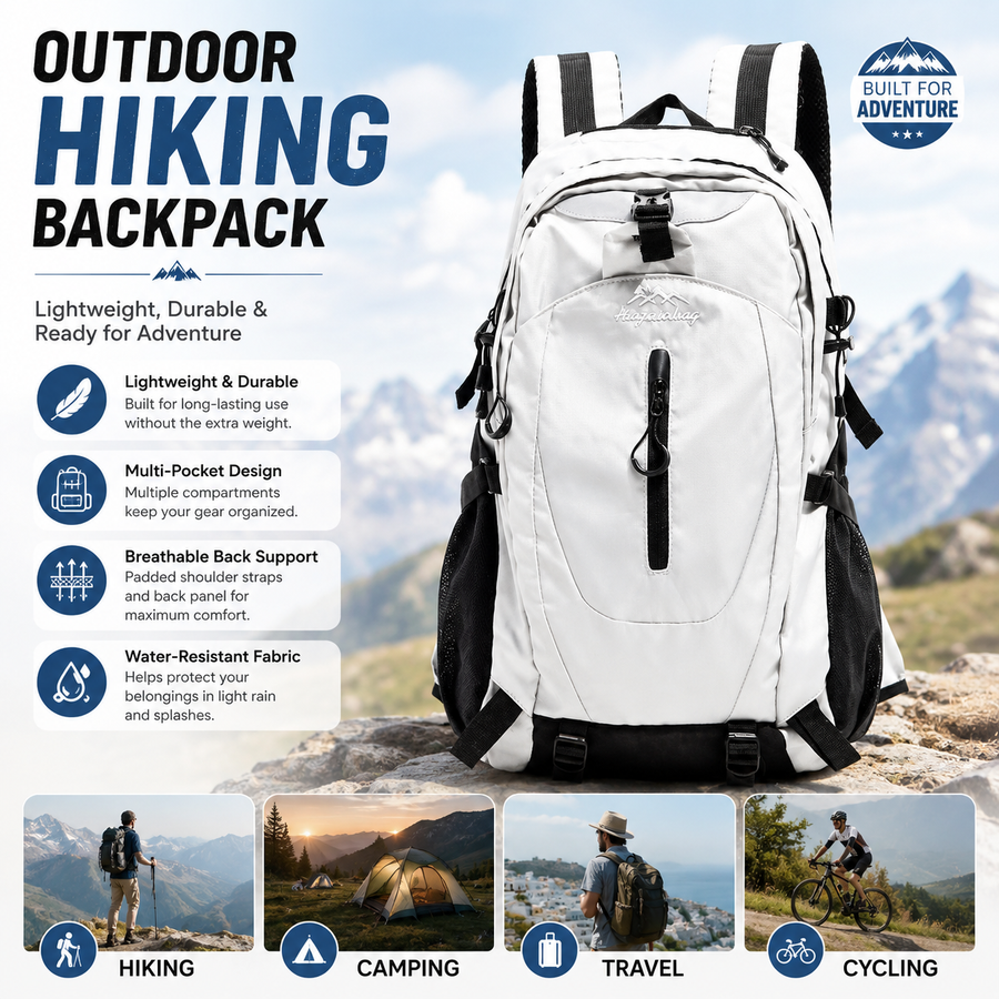 Grey Outdoor Hiking Backpack - Lightweight Nylon Travel Daypack with Multi Pocket Storage, Water Resistant Design, Breathable Back Support for Trekking Camping Cycling Adventures