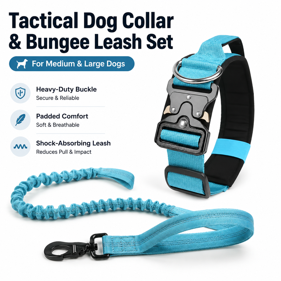 Blue Tactical Dog Collar and Bungee Lead Set (M size) - Padded Quick Release Collar with Control Handle and Shock Absorbing Leash for Medium and Large Dogs