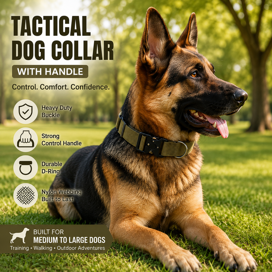 Khaki Tactical Dog Collar for Large Dogs (XL size)- Wide Padded Nylon Collar with Quick Release Metal Buckle, Control Handle and D-Ring for Walking and Training