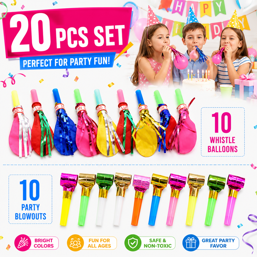 20 Piece Party Whistle and Blowout Set - 10 Whistle Balloons and 10 Party Blowers, Colourful Noise Makers for Birthdays, Celebrations and Party Bags