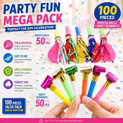 100 Piece Party Whistle and Blowout Set - 50 Whistle Balloons and 50 Party Blowers, Colourful Noise Makers for Birthdays, Celebrations and Party Bags