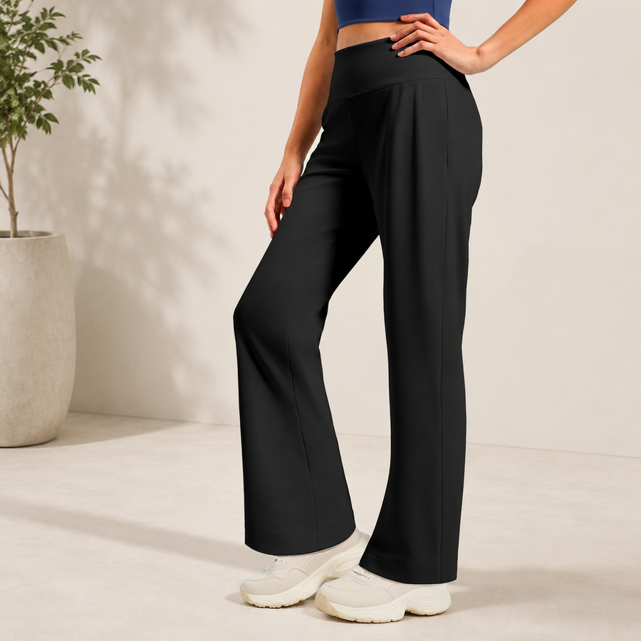 Black Womens High Waist Straight Leg Yoga Pants (XL size)- Loose Fit Full Length Activewear with Rear Waistband Pocket for Pilates, Studio and Everyday Wear