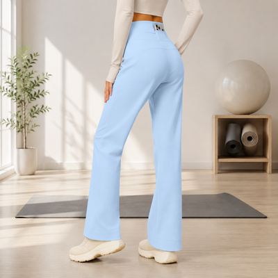 Women's High Waist Yoga Pants (M size)- Blue Loose Straight Leg Full Length Trousers with Rear Waist Pocket for Pilates, Studio Workouts, Lounging and Casual Wear