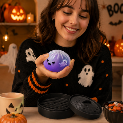 (Purple Ghost Buns) Halloween Slow-Rebound Soft Mini Bread Toy, 8.5cm, Stress-Relieving Squeeze Toy, Soft Food-Shaped Sensory Decompression Toy, with Storage Basket, Suitable for Teenagers and Adults, Party Gift