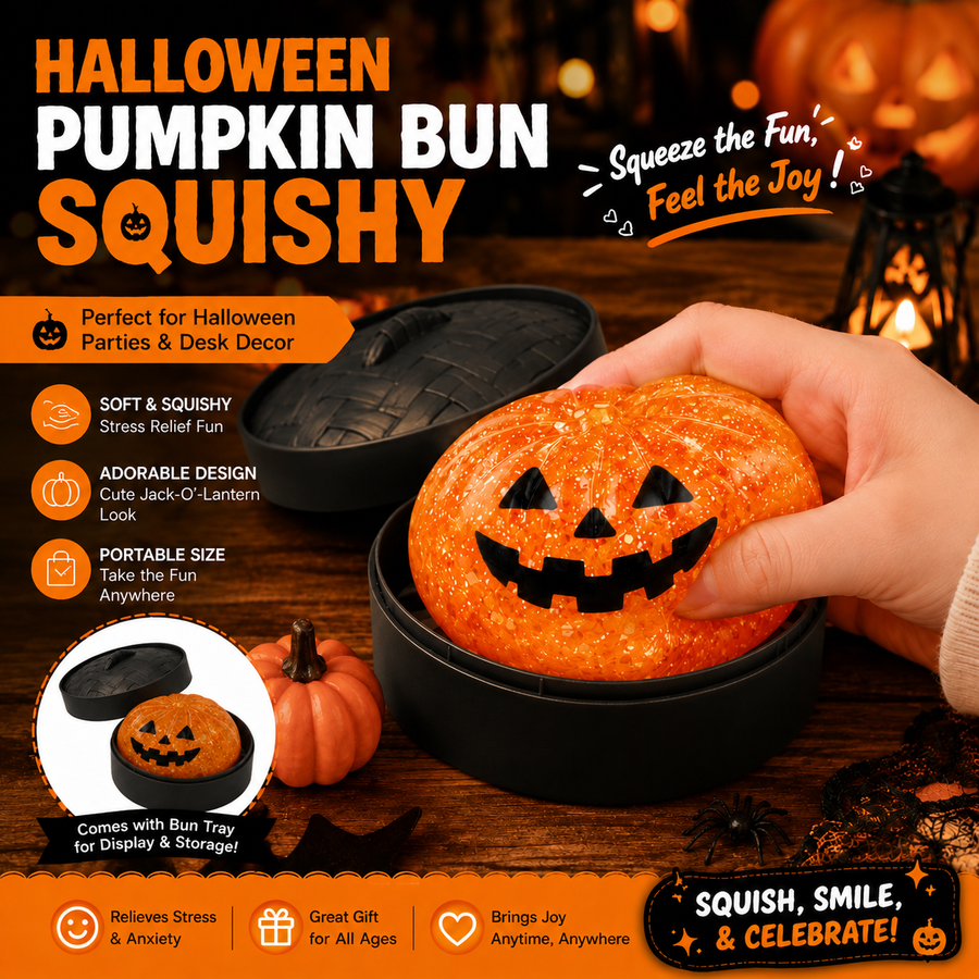 (Orange pumpkin buns) Halloween Slow-Rebound Soft Mini Bread Toy, 8.5cm, Stress-Relieving Squeeze Toy, Soft Food-Shaped Sensory Decompression Toy, with Storage Basket, Suitable for Teenagers and Adults, Party Gift