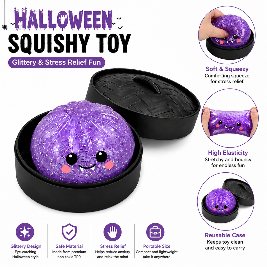 (Purple Crystal Buns) Halloween Slow-Rebound Soft Mini Bread Toy, 8.5cm, Stress-Relieving Squeeze Toy, Soft Food-Shaped Sensory Decompression Toy, with Storage Basket, Suitable for Teenagers and Adults, Party Gift