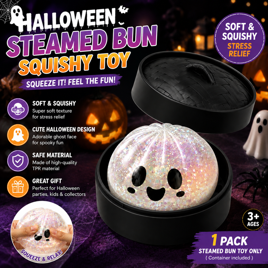 (White steamed buns) Halloween Slow-Rebound Soft Mini Bread Toy, 8.5cm, Stress-Relieving Squeeze Toy, Soft Food-Shaped Sensory Decompression Toy, with Storage Basket, Suitable for Teenagers and Adults, Party Gift