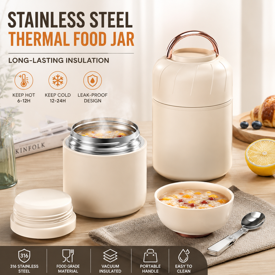 White 1050ml Thermal Food Jar with Spoon Portable Insulated Lunch Container Vacuum Soup Cup Leakproof Food Flask for Office Travel Camping Stew Rice Porridge Meal Prep