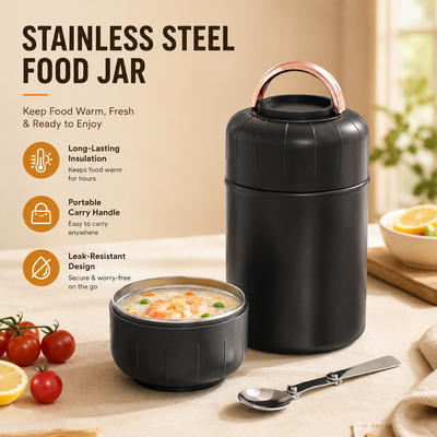 Black 850ml Thermal Food Jar with Spoon Portable Insulated Lunch Container Vacuum Soup Cup Leakproof Food Flask for Office Travel Camping Stew Rice Porridge Meal Prep