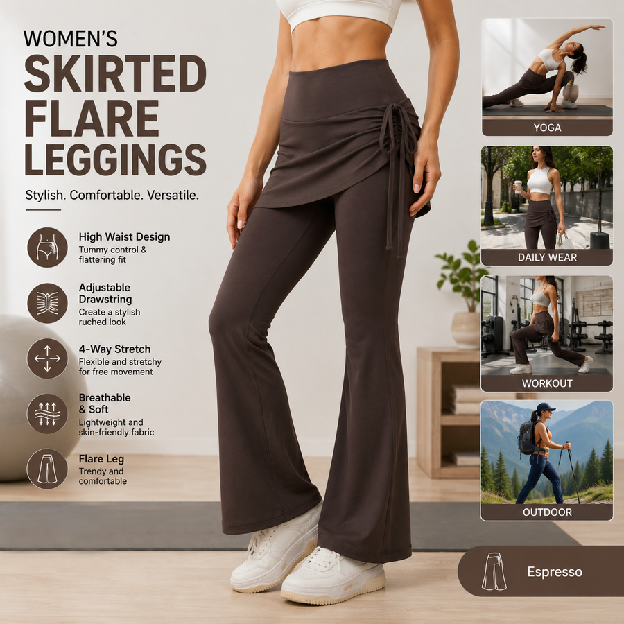 Women's High Waist Skirted Flare Yoga Pants with Adjustable Ruched Drawstring (M size)- Coffee brown Faux Two Piece Bootcut Leggings for Pilates, Gym Workout, Running, Dance and Everyday Wear