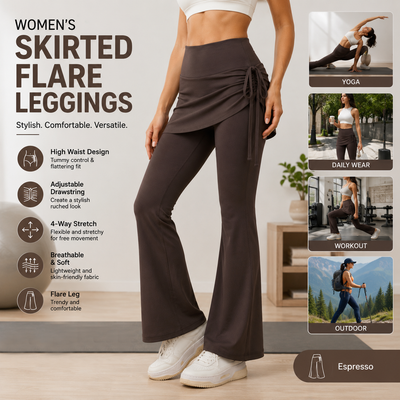 Women's High Waist Skirted Flare Yoga Pants with Adjustable Ruched Drawstring (L size)- Coffee brown Faux Two Piece Bootcut Leggings for Pilates, Gym Workout, Running, Dance and Everyday Wear