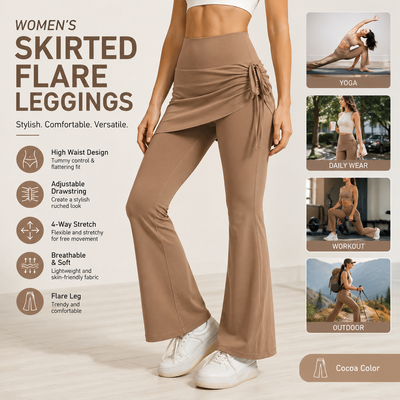 Women's High Waist Skirted Flare Yoga Pants with Adjustable Ruched Drawstring (S size)-Light brown Faux Two Piece Bootcut Leggings for Pilates, Gym Workout, Running, Dance and Everyday Wear