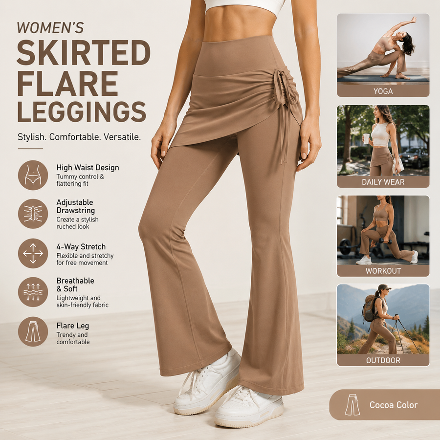 Women's High Waist Skirted Flare Yoga Pants with Adjustable Ruched Drawstring (L size)- Light brown Faux Two Piece Bootcut Leggings for Pilates, Gym Workout, Running, Dance and Everyday Wear