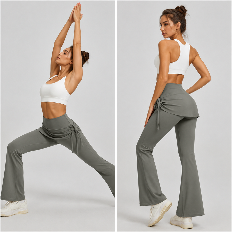 Women's High Waist Skirted Flare Yoga Pants with Adjustable Ruched Drawstring (XXL size)- Grey Faux Two Piece Bootcut Leggings for Pilates, Gym Workout, Running, Dance and Everyday Wear