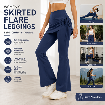 Women's High Waist Skirted Flare Yoga Pants with Adjustable Ruched Drawstring (S size)- Blue Faux Two Piece Bootcut Leggings for Pilates, Gym Workout, Running, Dance and Everyday Wear