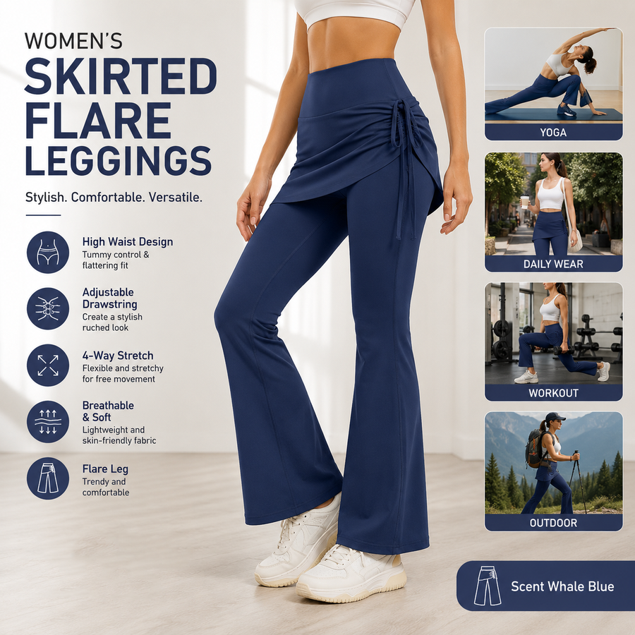 Women's High Waist Skirted Flare Yoga Pants with Adjustable Ruched Drawstring (XXL size)- Blue Faux Two Piece Bootcut Leggings for Pilates, Gym Workout, Running, Dance and Everyday Wear