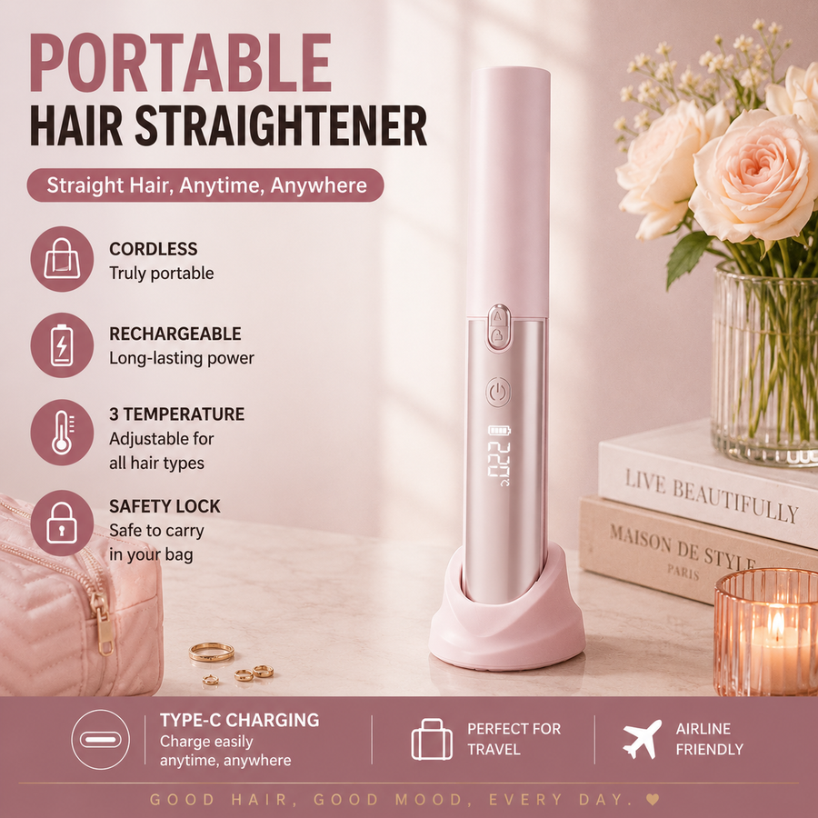 Pink Portable Cordless Hair Straightener Brush Rechargeable Mini Hair Styling Comb, USB-C Fast Charging, 4 Temperature Settings 140-220°C, Anti-Scald Design, Travel Hair Straightener for Home & On-the-Go Styling