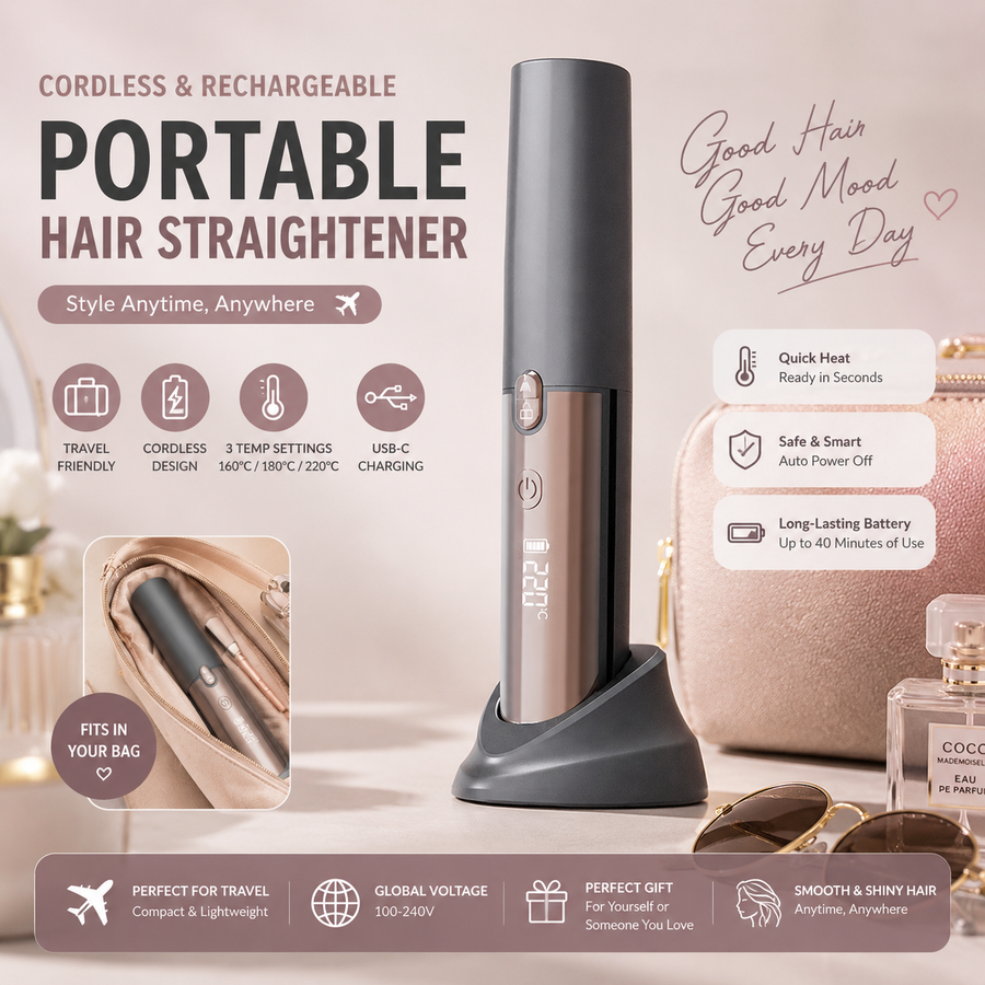 Brown Portable Cordless Hair Straightener Brush Rechargeable Mini Hair Styling Comb, USB-C Fast Charging, 4 Temperature Settings 140-220°C, Anti-Scald Design, Travel Hair Straightener for Home & On-the-Go Styling