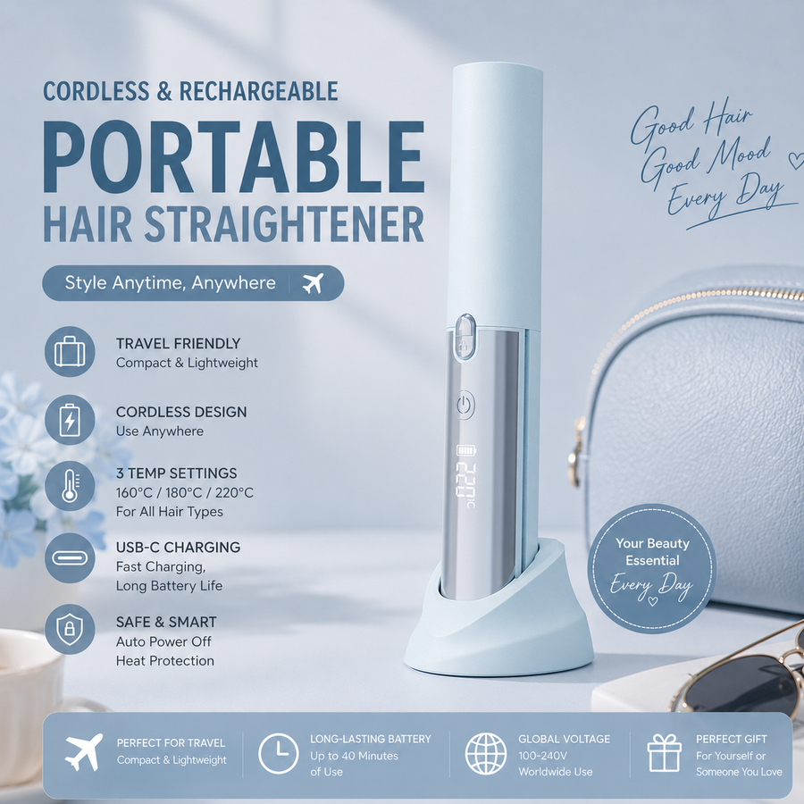 Blue Portable Cordless Hair Straightener Brush Rechargeable Mini Hair Styling Comb, USB-C Fast Charging, 4 Temperature Settings 140-220°C, Anti-Scald Design, Travel Hair Straightener for Home & On-the-Go Styling