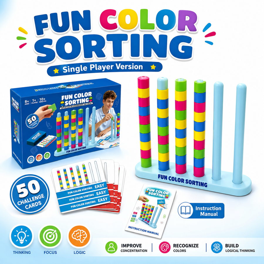 Colour Sorting Stacking Game with 50 Challenge Cards, Single Player Logic Puzzle and Ring Matching Tabletop Activity for Family Game Nights, Parties and Brain Training
