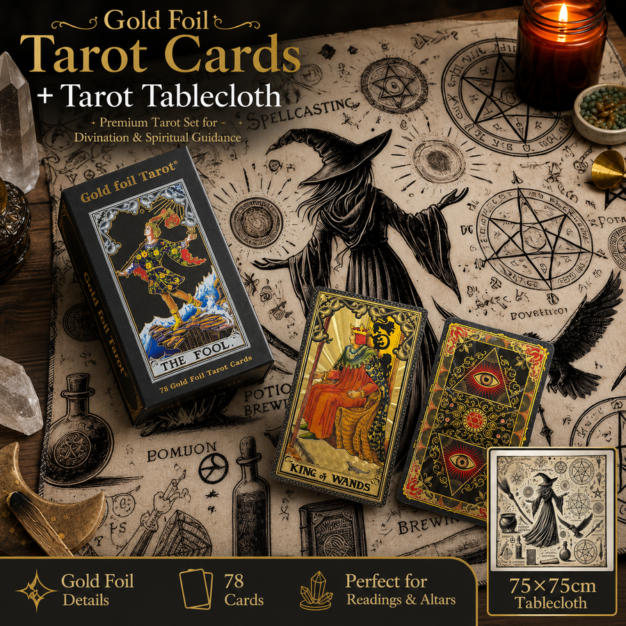 Gold Foil Tarot Cards with Hexagram Gift Box & 75 × 75 cm Witch Tarot Tablecloth Set, Waterproof PVC Waite Tarot Deck, 78 Gilded Cards, Divination Reading Bundle, Spiritual Gift Set