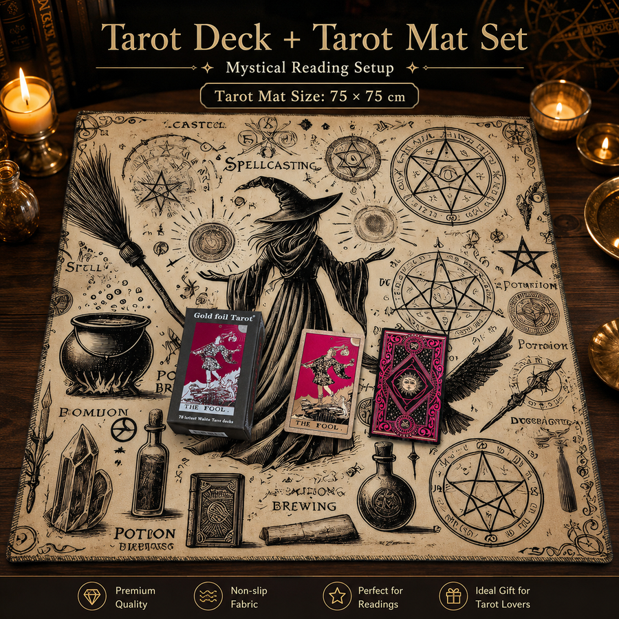 Gold Foil Eye Box Tarot Deck with 75 x 75 cm Witch Pattern Tarot Tablecloth, Waterproof PVC 78-Card Waite Tarot Cards, Gold Foil Divination Deck, Complete Tarot Reading Gift Set