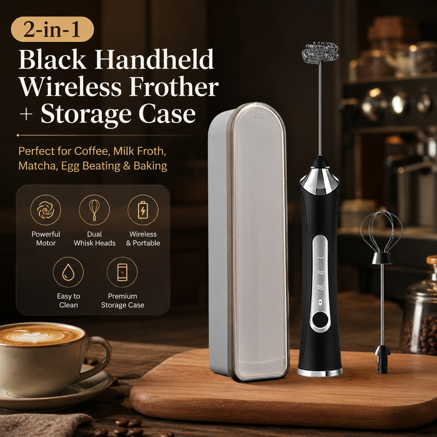 Black 2 in 1 Handheld Electric Milk Frother and Egg Whisk with Storage Case Wireless Rechargeable Coffee Frother Mixer for Latte Cappuccino Baking Cream and Kitchen Use