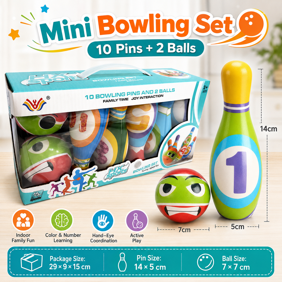 Mini Bowling Set 10 Pins 2 Balls Indoor Outdoor Family Party Game Soft Bowling Toy Set Small Size Sports Activity Set for Home Garden Recreation and Fun Entertainment
