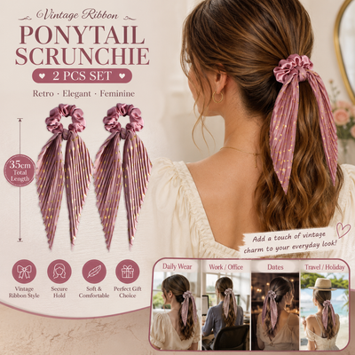 Deep pink Vintage Ribbon Ponytail Scrunchie 2 Pack for Women Pleated Satin Hair Tie with Long Ribbon Tails Elegant Retro Hair Accessory for Ponytail Styling Daily Wear Party Travel Gift