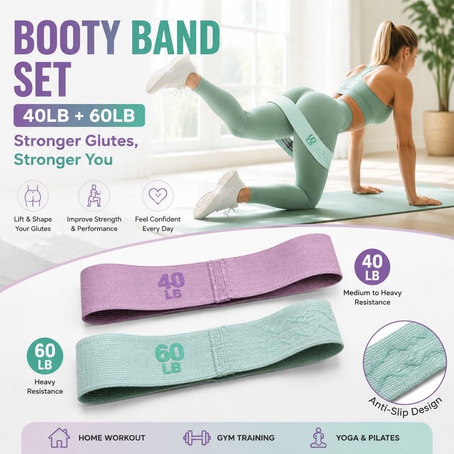 40LB + 60LB Booty Resistance Band Set Fabric Glute Bands for Women Hip Training Pilates Yoga Home Workout Lower Body Strength Exercise