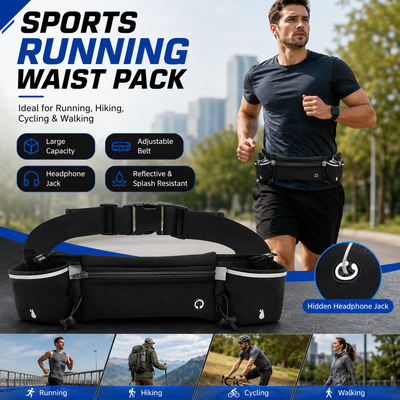 Black Running Waist Pack Sports Belt with Water Bottle Holder Adjustable Phone Waist Bag Reflective Lightweight Fanny Pack for Marathon Running Hiking Cycling Walking Fitness and Outdoor Activities