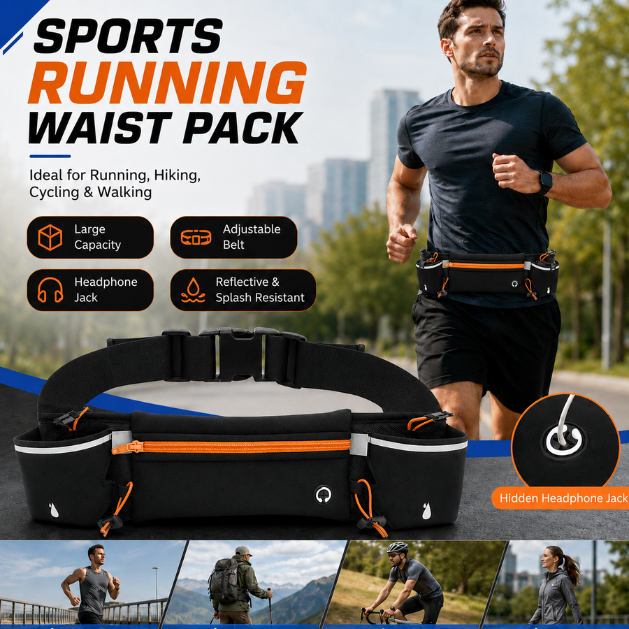Orange Running Waist Pack Sports Belt with Water Bottle Holder Adjustable Phone Waist Bag Reflective Lightweight Fanny Pack for Marathon Running Hiking Cycling Walking Fitness and Outdoor Activities