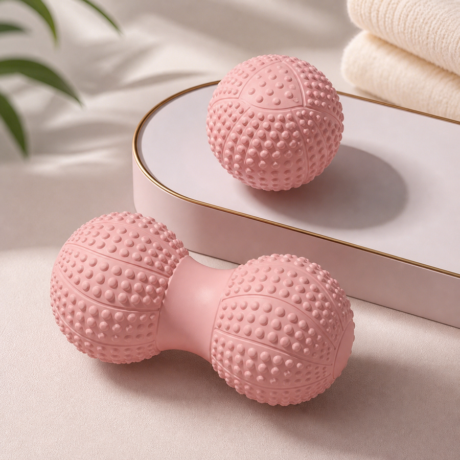 Peanut Massage Ball Set - Pink TPR Dual and Single Trigger Point Balls, Portable Self Massage for Feet, Arches, Neck, Shoulders, Back and Fitness Recovery