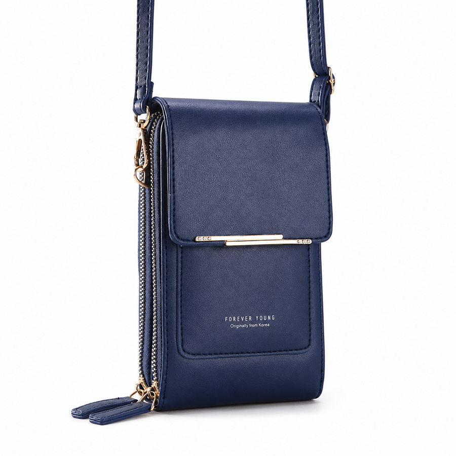 Blue Touch Screen Phone Wallet Crossbody Bag for Women Vertical PU Leather Purse with Card Holder Zipper Pocket Adjustable Strap for Travel Shopping Everyday Use