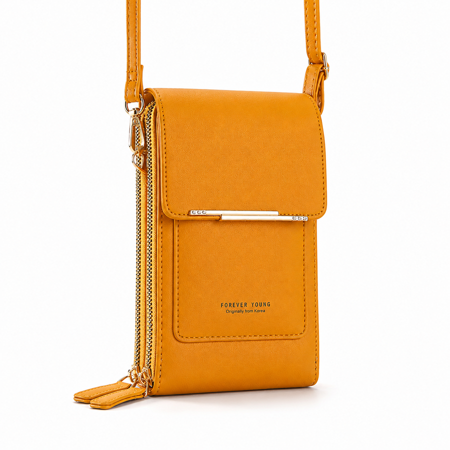 Yellow Touch Screen Phone Wallet Crossbody Bag for Women Vertical PU Leather Purse with Card Holder Zipper Pocket Adjustable Strap for Travel Shopping Everyday Use