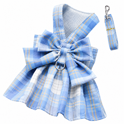 Blue Plaid Pet Harness Dress with Leash for Small Dogs and Cats L Size Bow Design Vest Outfit Walking Accessory