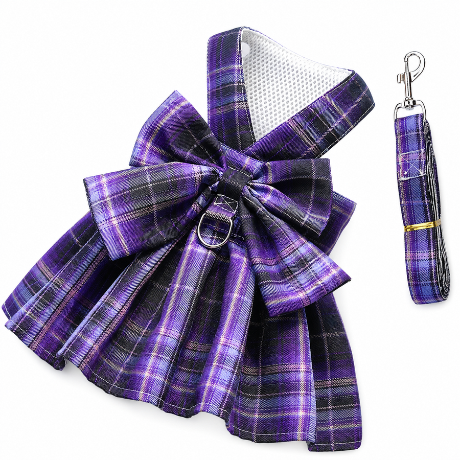 Dark Purple Plaid Pet Harness Dress with Leash for Small Dogs and Cats XS Size Bow Design Vest Outfit Walking Accessory
