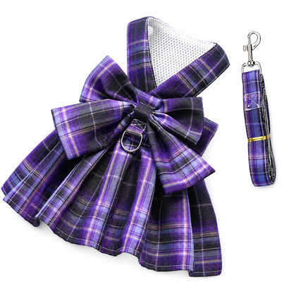 Dark Purple Plaid Pet Harness Dress with Leash for Small Dogs and Cats M Size Bow Design Vest Outfit Walking Accessory