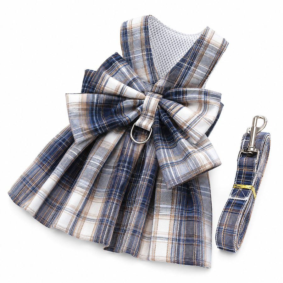 Navy Blue Plaid Pet Harness Dress with Leash for Small Dogs and Cats L Size Bow Design Vest Outfit Walking Accessory