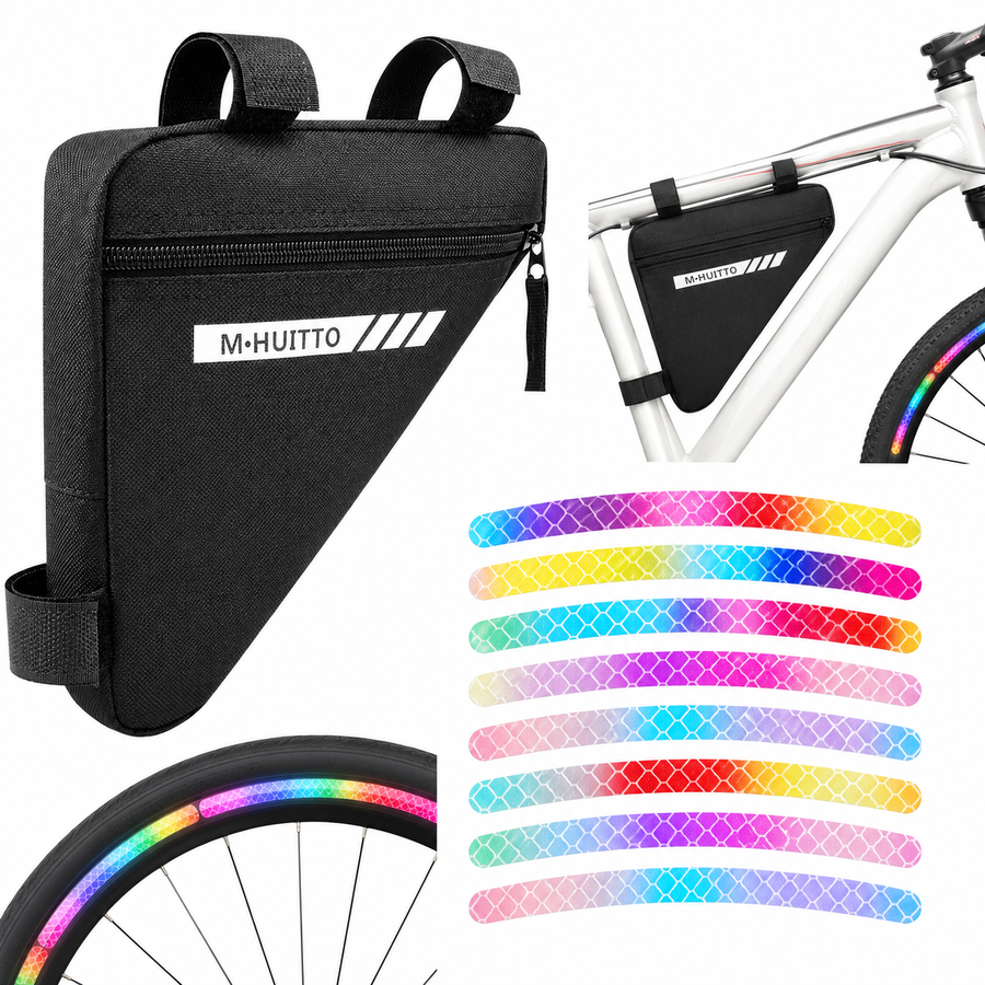 Black Bike Triangle Frame Bag with 20 Pieces Reflective Wheel Stickers Set for Mountain Road Cycling Storage and Visibility Accessories