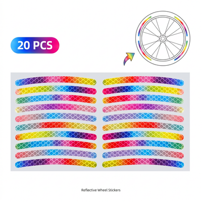 Rainbow Reflective Wheel Stickers - 20 Piece Long Strip Sticker Sheet for Bicycle Bike Rim Decoration, Motorcycle and E-Bike Accessories