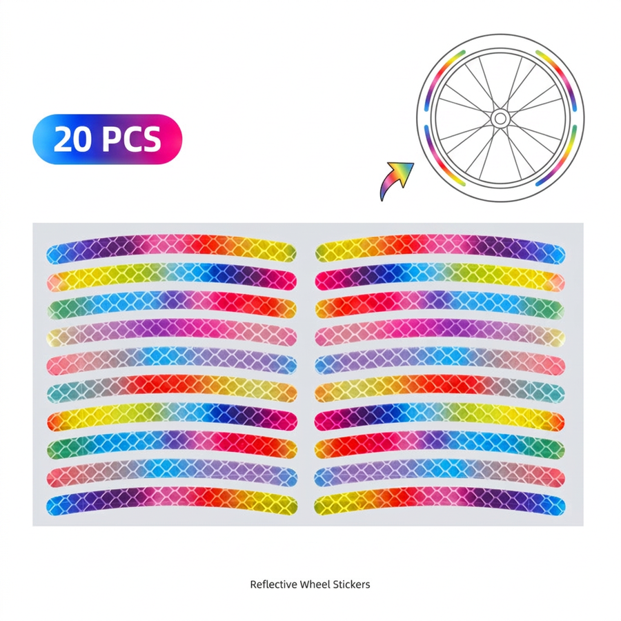 Rainbow Reflective Wheel Stickers - 20 Piece Long Strip Sticker Sheet for Bicycle Bike Rim Decoration, Motorcycle and E-Bike Accessories