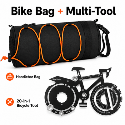 Black Handlebar Bag with Orange Elastic Cord and 20-in-1 Bicycle Multi Tool Card Combo Set for Cycling, Commuting and Outdoor Riding