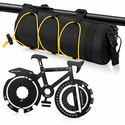 Black Handlebar Bag with Yellow Elastic Cord and 20-in-1 Bicycle Multi Tool Card Combo Set for Cycling, Commuting and Outdoor Riding