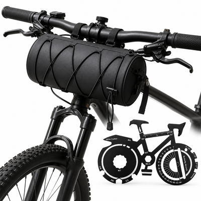 Black Handlebar Bag with Black Elastic Cord and 20-in-1 Bicycle Multi Tool Card Combo Set for Cycling, Commuting and Outdoor Riding