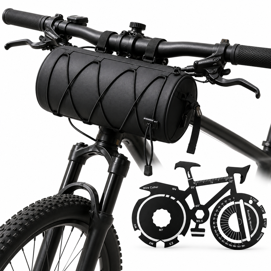 Black Handlebar Bag with Black Elastic Cord and 20-in-1 Bicycle Multi Tool Card Combo Set for Cycling, Commuting and Outdoor Riding
