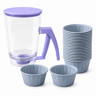 Handheld Batter Dispenser - 900ml with 50 Blue Cupcake Liners for Baking, Cake Making and Dessert Preparation