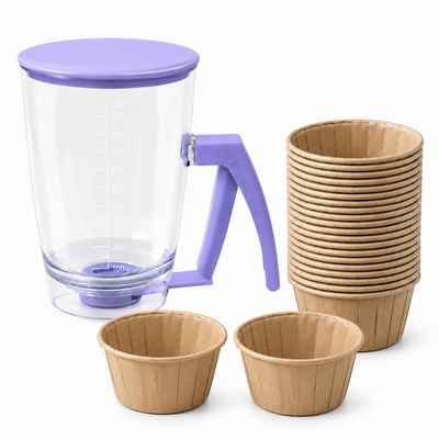 Handheld Batter Dispenser - 900ml with 50 Brown Cupcake Liners for Baking, Cake Making and Dessert Preparation