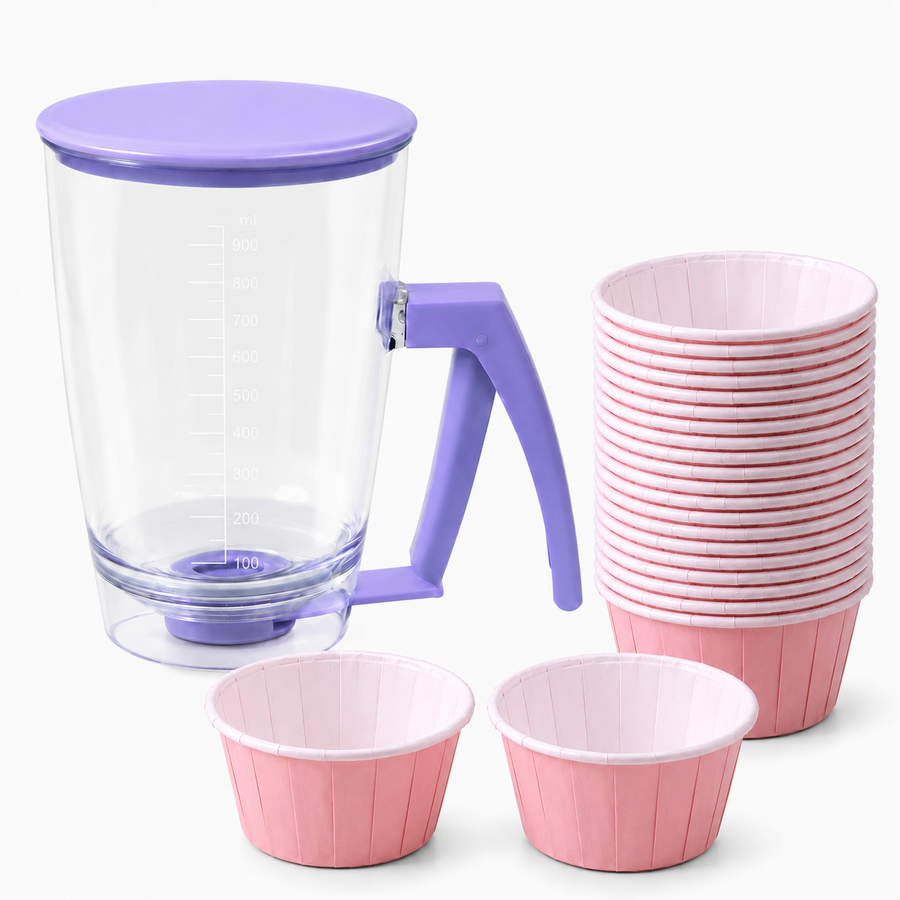 Handheld Batter Dispenser - 900ml with 50 Pink Cupcake Liners for Baking, Cake Making and Dessert Preparation