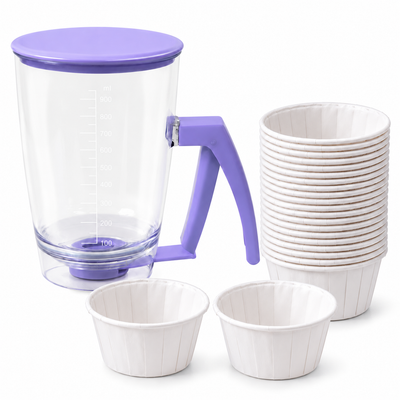 Handheld Batter Dispenser - 900ml with 50 White Cupcake Liners for Baking, Cake Making and Dessert Preparation